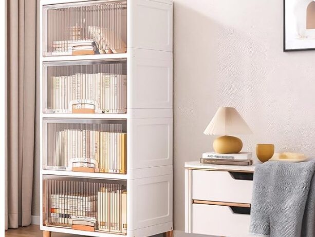 mechdel Cupboard Rack For Clothes Plastic Cabinet For Storage Foldable Wardrobe For Clothes Plastic Cloth Rack For Storage Clothes Storage (Cupboard Rack-1 Door – Transparent, 4Pcs), (45 X 38 X 32Cm)